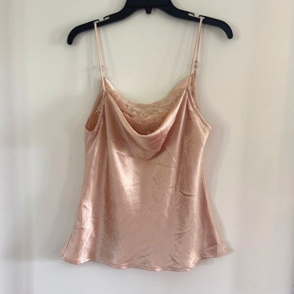Lush Cowl Neck Cami Medium Champagne Lace Trim Pleated Satin Tank Top Y2K glam